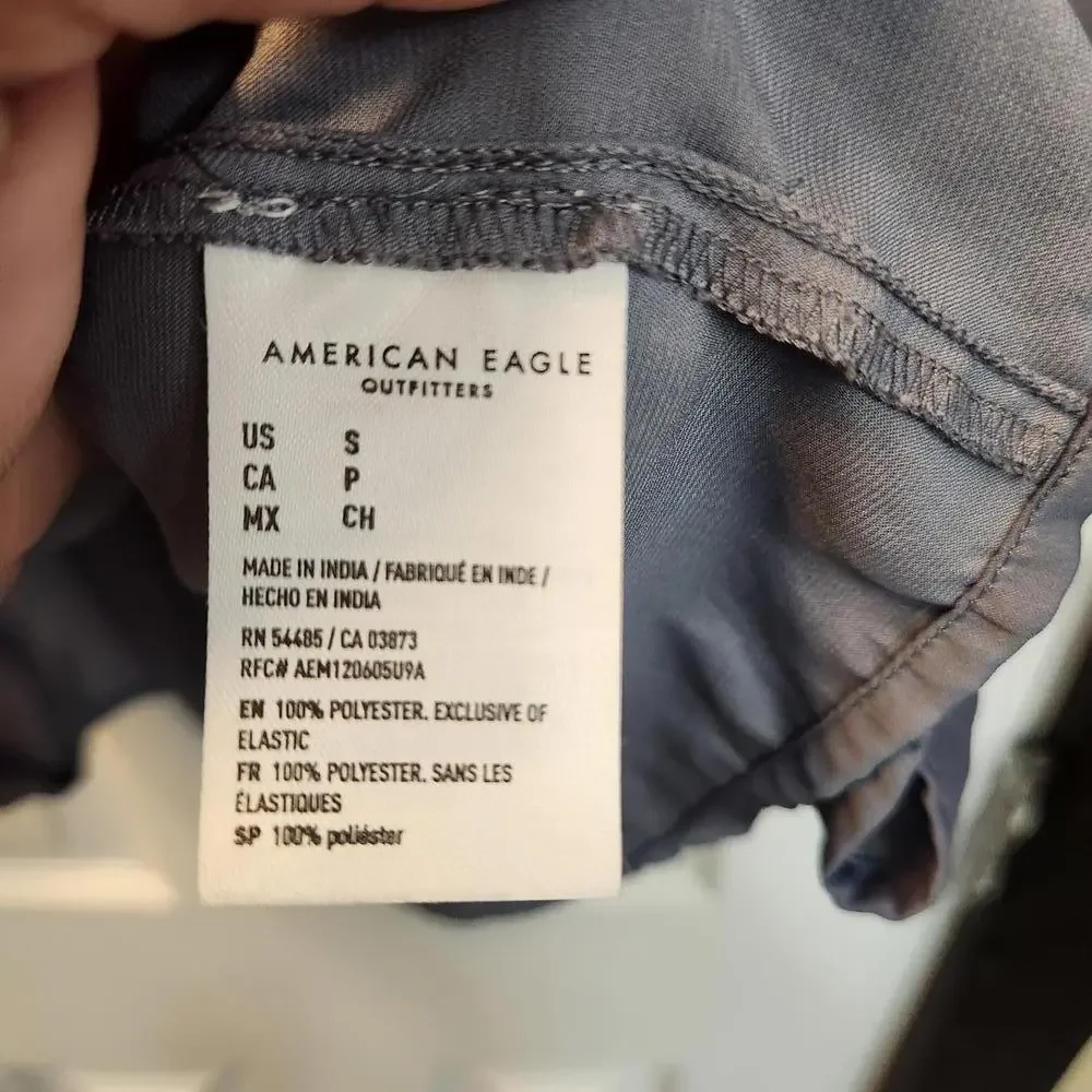American Eagle Smocked Off-The-Shoulder Satin Top - Dusty Blue- Size Small - Picture 3 of 8